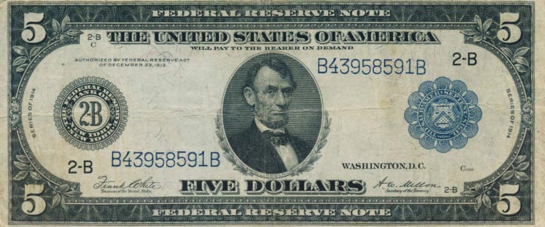 Front of United States p359b: 5 Dollars from 1914