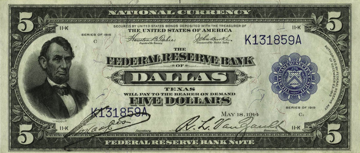 Front of United States p368: 5 Dollars from 1915