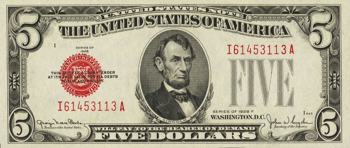 Front of United States p379f: 5 Dollars from 1928