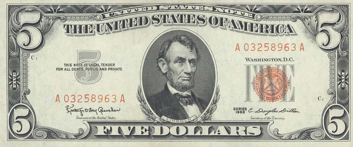 Front of United States p383: 5 Dollars from 1963