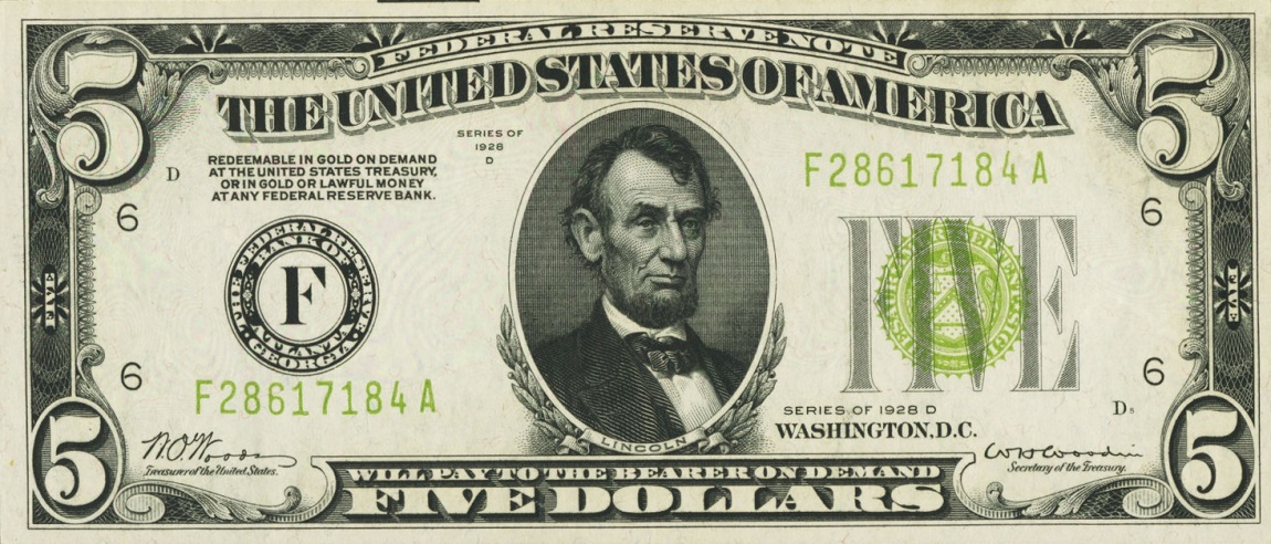 Front of United States p420d: 5 Dollars from 1928