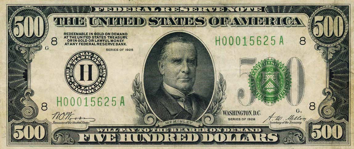 Front of United States p425: 500 Dollars from 1928