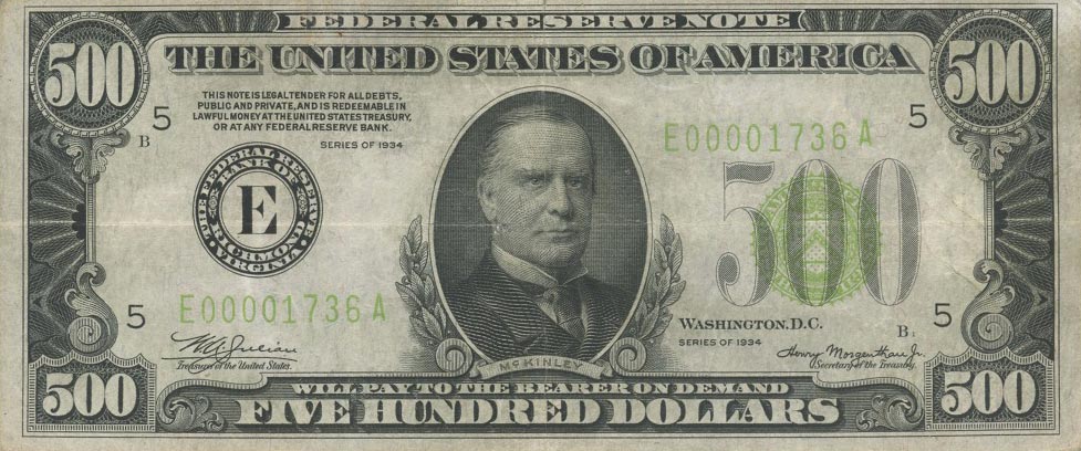 Front of United States p434a: 500 Dollars from 1934