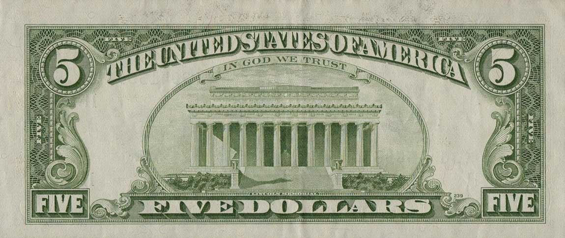 Back of United States p475: 5 Dollars from 1985