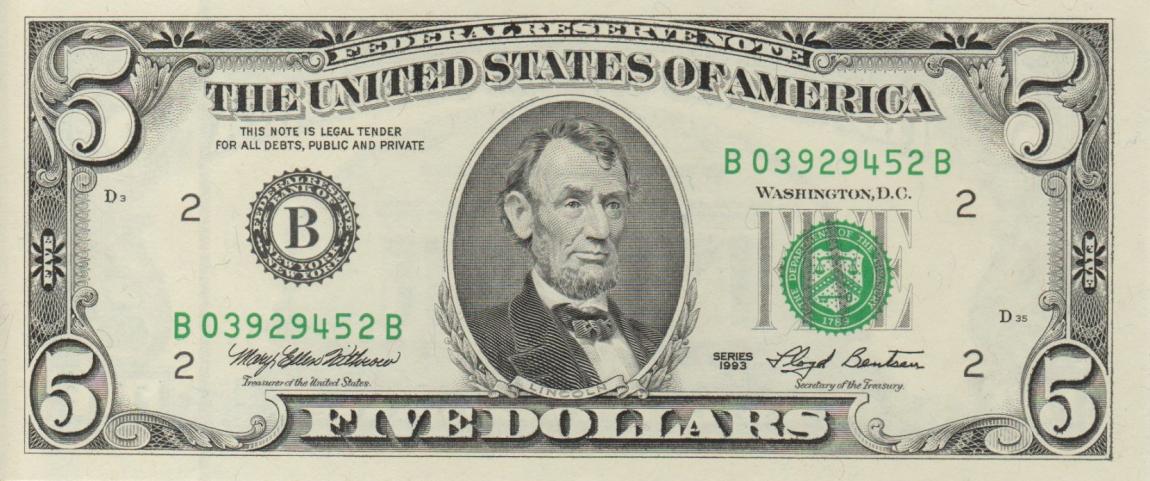 RealBanknotes.com > United States p491: 5 Dollars from 1993