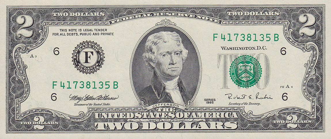 Front of United States p497: 2 Dollars from 1995