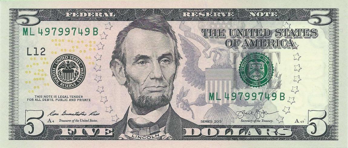 Front of United States p539: 5 Dollars from 2013