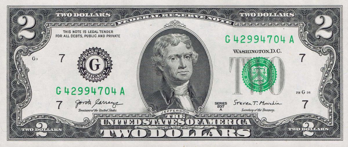 Front of United States p545G: 2 Dollars from 2017