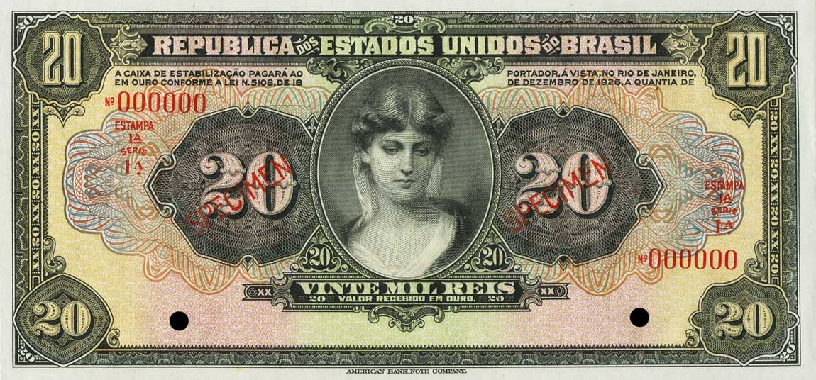 Front of Brazil p104s: 20 Mil Reis from 1926