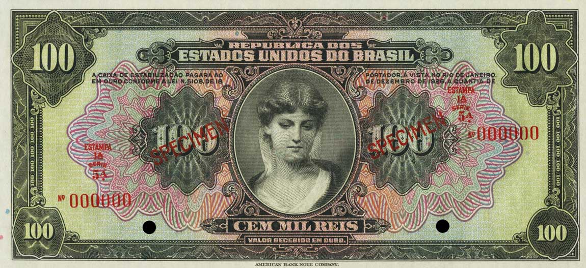 Front of Brazil p106s: 100 Mil Reis from 1926