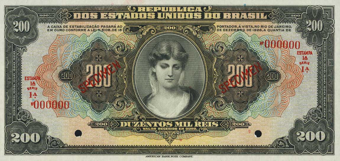 Front of Brazil p107s: 200 Mil Reis from 1926