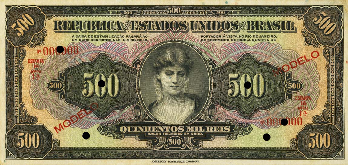 Front of Brazil p108s: 500 Mil Reis from 1926