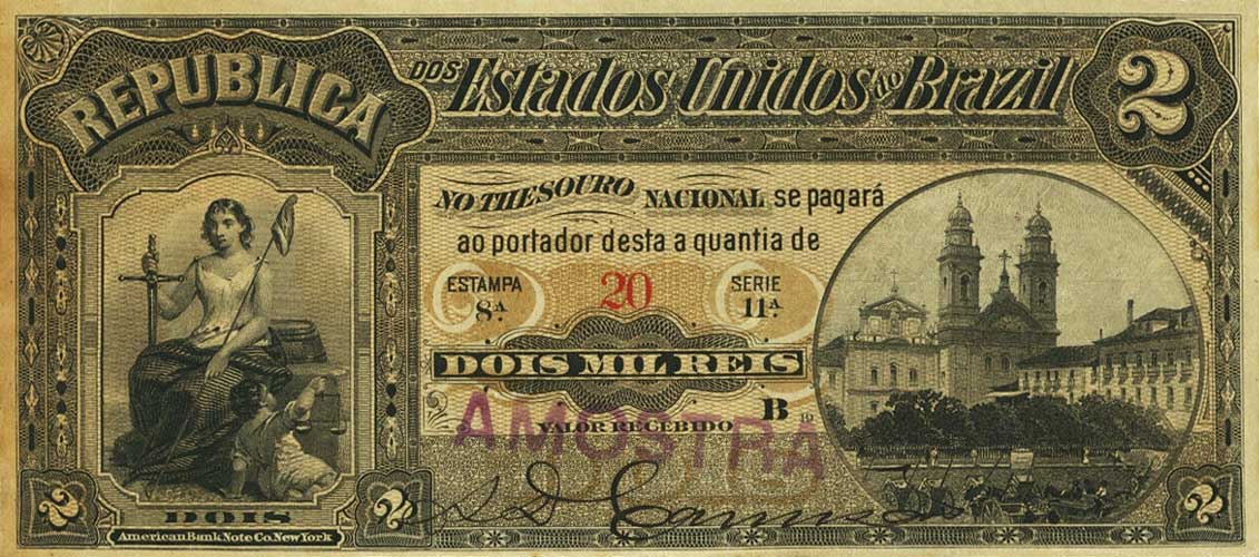 Front of Brazil p10s: 2 Mil Reis from 1890