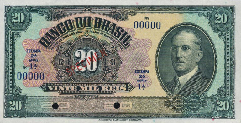 Front of Brazil p117s: 20 Mil Reis from 1923