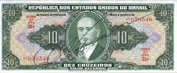 Front of Brazil p143a: 10 Cruzeiros from 1950