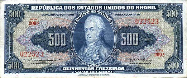 Front of Brazil p155a: 500 Cruzeiros from 1953