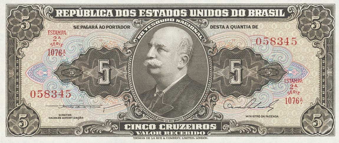 Front of Brazil p158b: 5 Cruzeiros from 1953