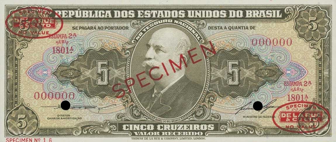 Front of Brazil p158s: 5 Cruzeiros from 1953