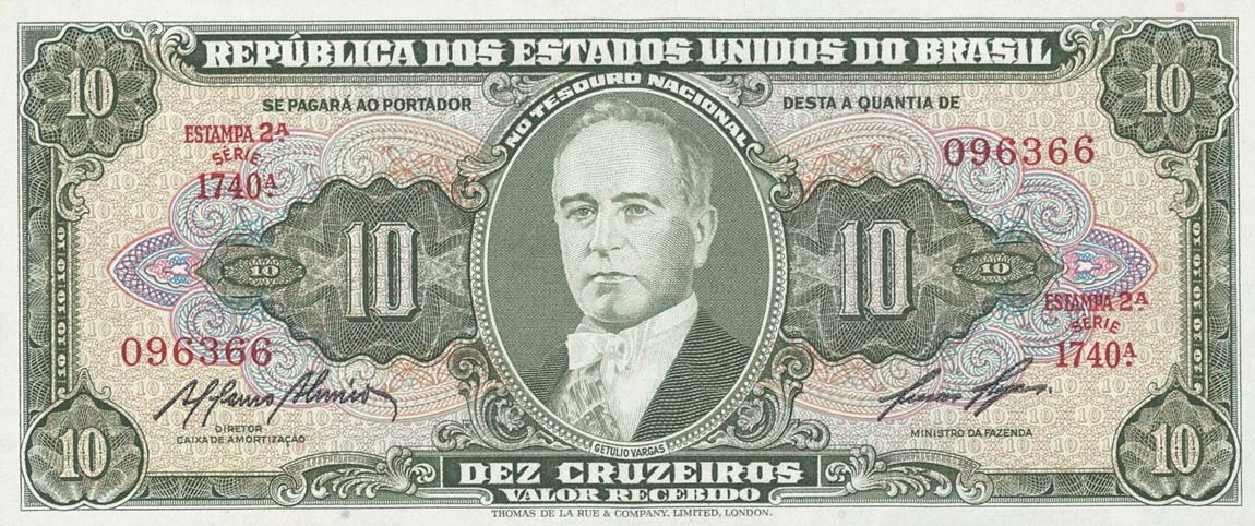 Front of Brazil p159e: 10 Cruzeiros from 1953