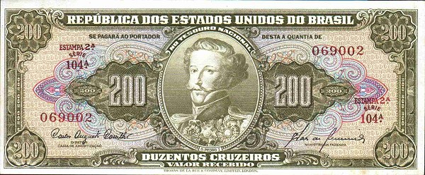 Front of Brazil p163a: 200 Cruzeiros from 1960