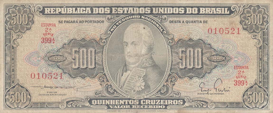 Front of Brazil p164a: 500 Cruzeiros from 1955
