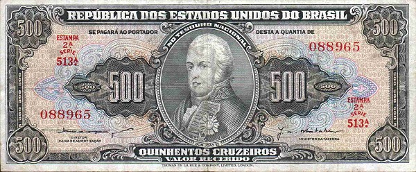 Front of Brazil p164b: 500 Cruzeiros from 1955