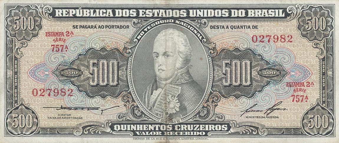 Front of Brazil p164c: 500 Cruzeiros from 1955