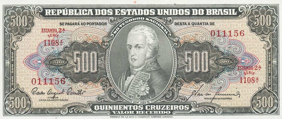 Front of Brazil p164d: 500 Cruzeiros from 1955