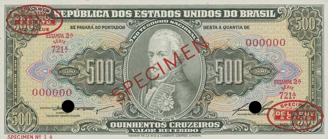 Front of Brazil p164s: 500 Cruzeiros from 1955