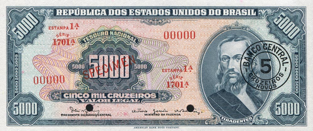 Front of Brazil p188s: 5 Cruzeiros Novos from 1966