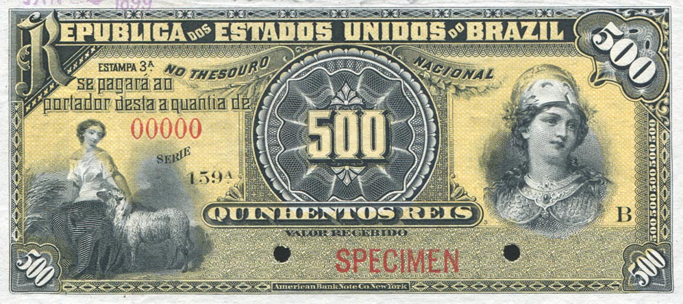 Front of Brazil p1s: 500 Reis from 1893