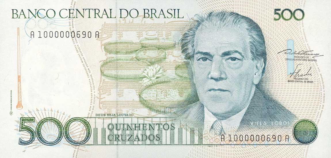 Front of Brazil p212a: 500 Cruzados from 1986