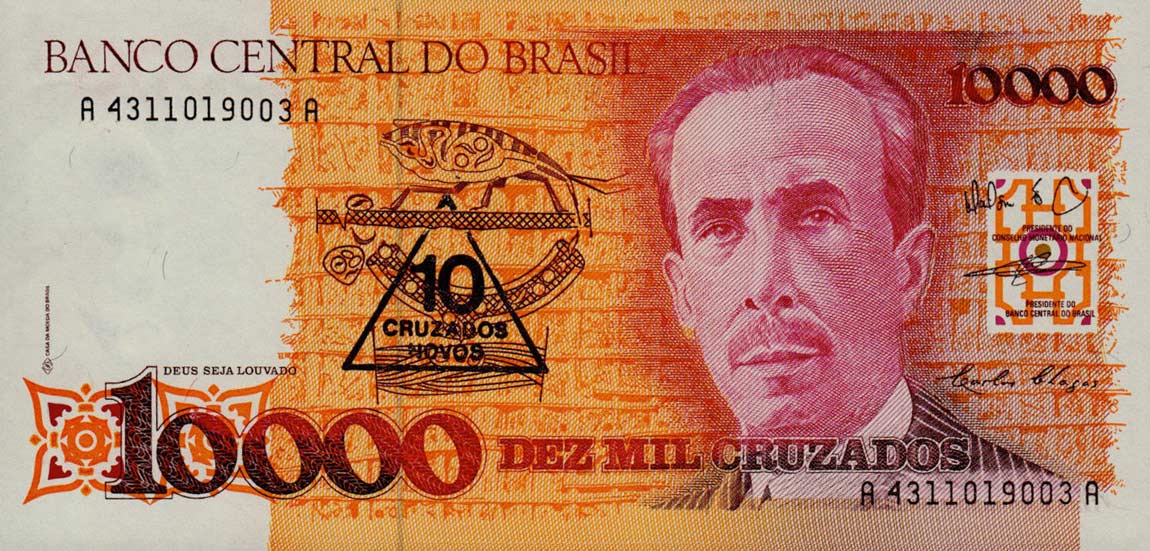 Front of Brazil p218b: 10 Cruzados Novos from 1990