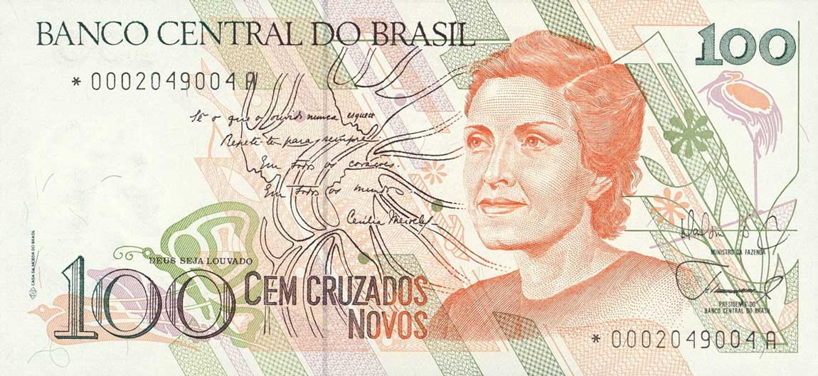 Front of Brazil p220r: 100 Cruzados Novos from 1989