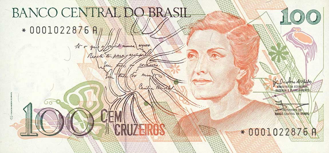 Front of Brazil p228r: 100 Cruzeiros from 1990