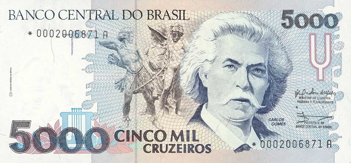 Front of Brazil p232r: 5000 Cruzeiros from 1990