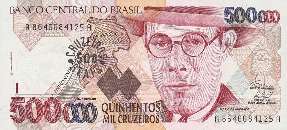 Front of Brazil p239a: 500 Cruzeiro Real from 1993