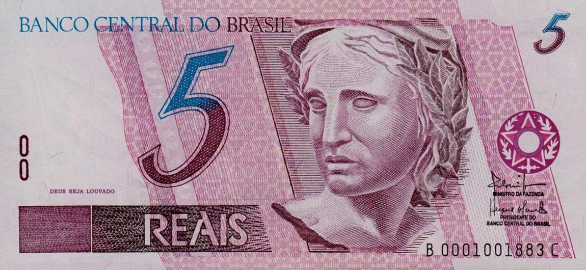 Front of Brazil p244Af: 5 Reais from 1997