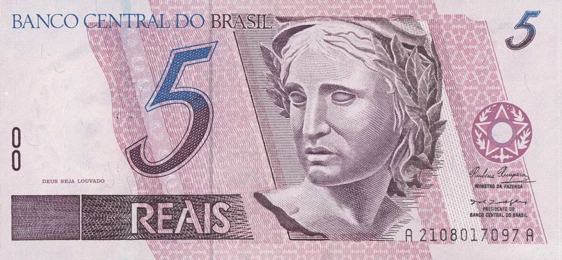 Front of Brazil p244d: 5 Reais from 1994