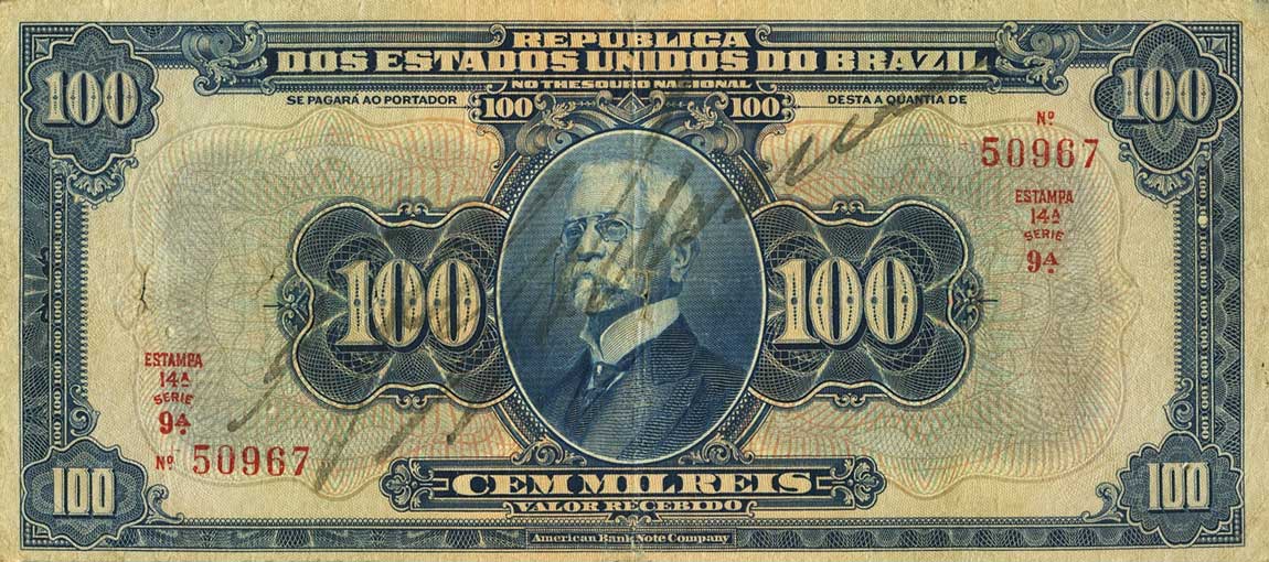Front of Brazil p68a: 100 Mil Reis from 1919