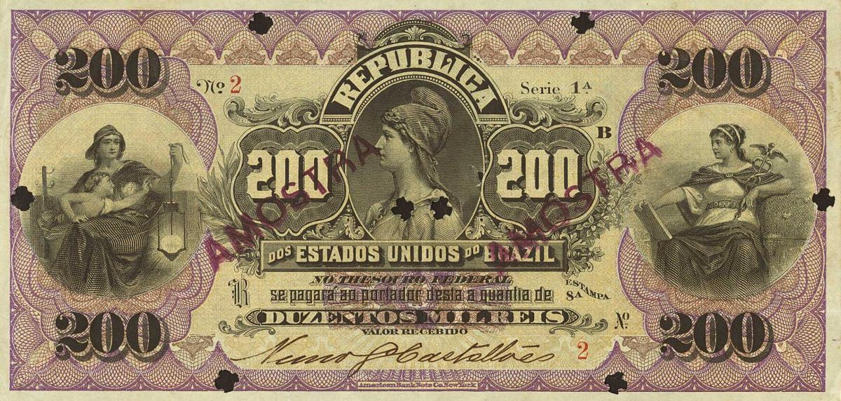 Front of Brazil p73s: 200 Mil Reis from 1897