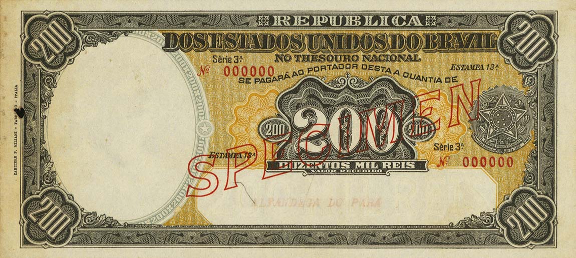 Front of Brazil p78s: 200 Mil Reis from 1916