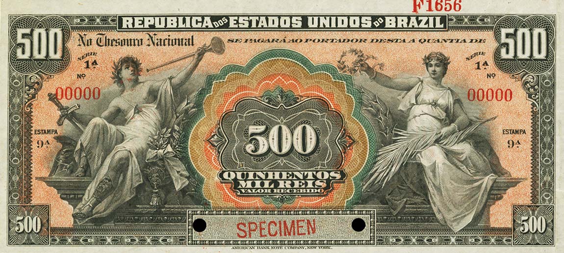 Front of Brazil p86s: 500 Mil Reis from 1908