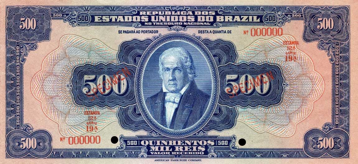 Front of Brazil p89s: 500 Mil Reis from 1919