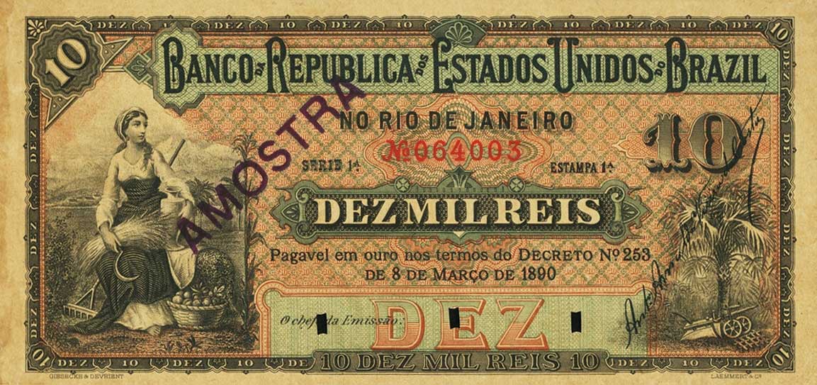 Front of Brazil pS602s: 10 Mil Reis from 1890