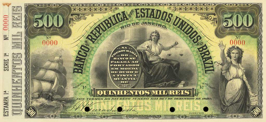 Front of Brazil pS650p: 500 Mil Reis from 1891