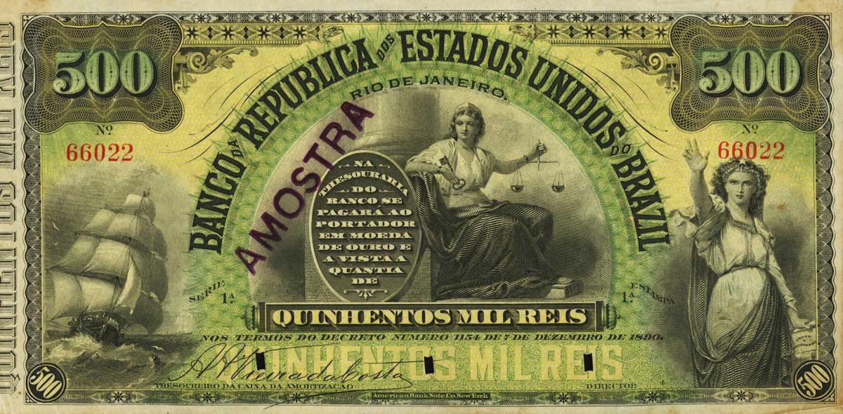Front of Brazil pS650s: 500 Mil Reis from 1891