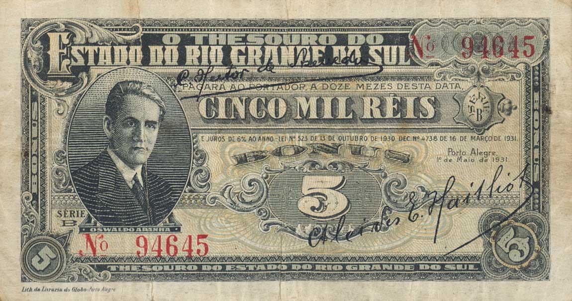 Front of Brazil pS781: 5 Mil Reis from 1931