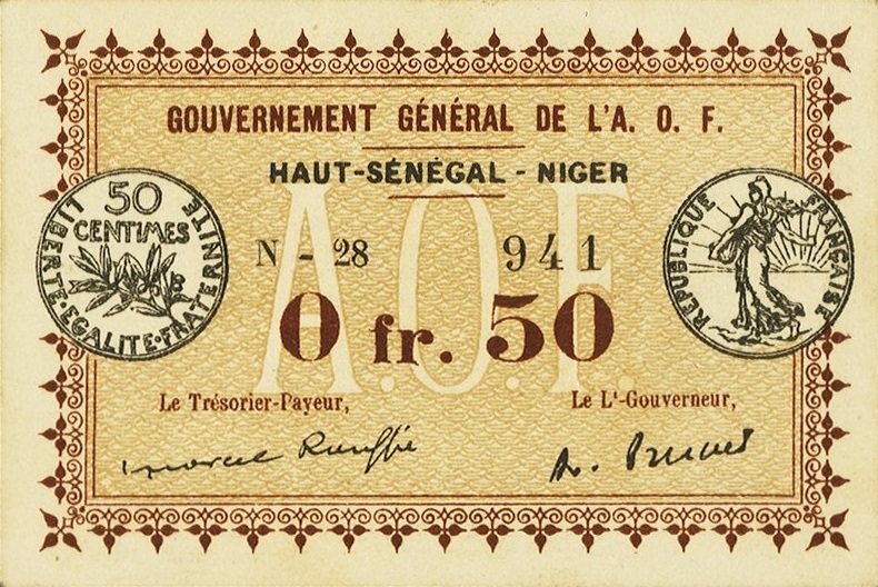 Front of Upper Senegal and Niger p1a: 0.5 Franc from 1917
