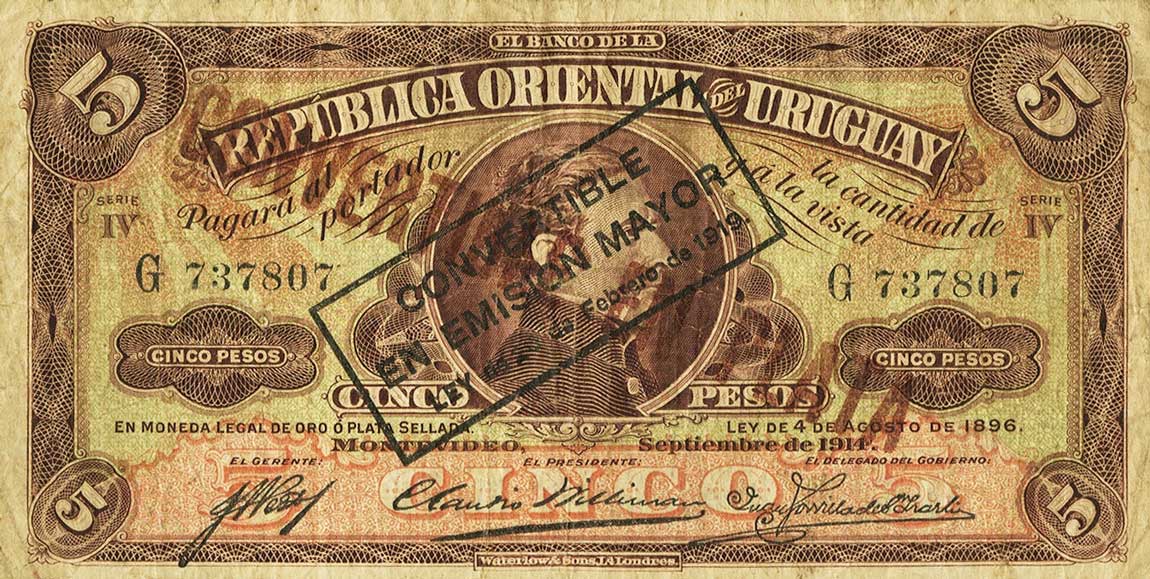 Front of Uruguay p10b: 5 Pesos from 1914